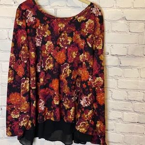 Floral light Knit long Sleeve sheer Flowy Hem Sweater Blouse Bow detail back.